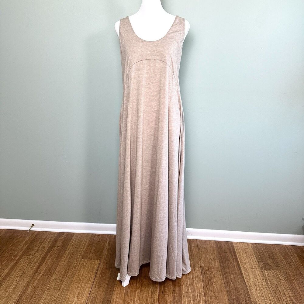 Halara U Neck Tank Dress Womens XL Tan Sleeveless Split Maxi Jersey Lagenlook